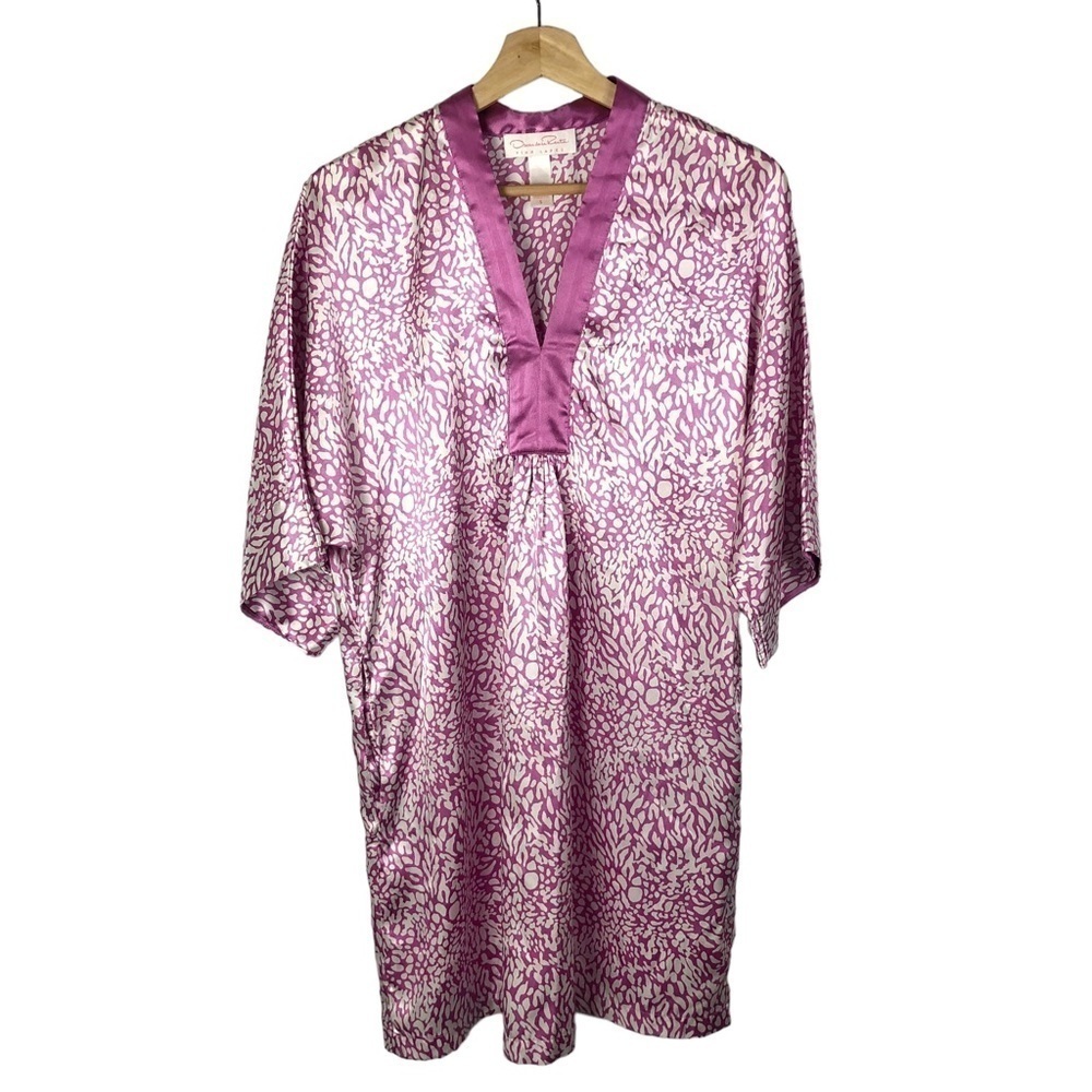 Oscar De La Renta Pink Label Purple Animal Print Satin Short Sleeve Kaftan S